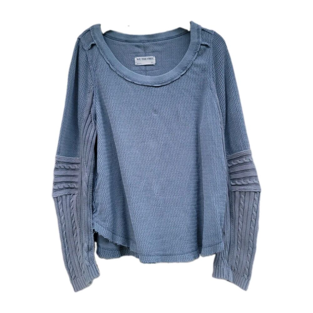 Free People We The Free Swinging Cable Cuff Top Sweater Blue Sz XL Boho Grunge